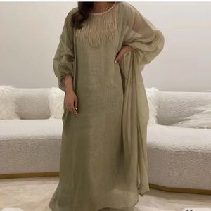 Boksha Eid Abaya white puff sleeve linen